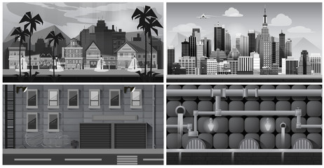 Set of black and white panorama cities. Vector art © 2dvill