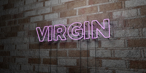 VIRGIN - Glowing Neon Sign on stonework wall - 3D rendered royalty free stock illustration.  Can be used for online banner ads and direct mailers..