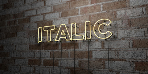ITALIC - Glowing Neon Sign on stonework wall - 3D rendered royalty free stock illustration.  Can be used for online banner ads and direct mailers..