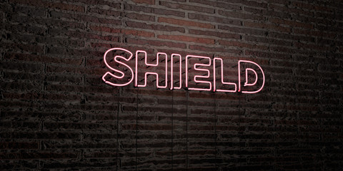 SHIELD -Realistic Neon Sign on Brick Wall background - 3D rendered royalty free stock image. Can be used for online banner ads and direct mailers..