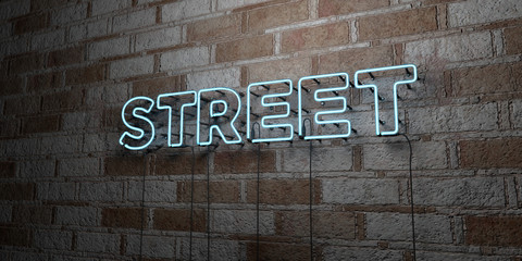 STREET - Glowing Neon Sign on stonework wall - 3D rendered royalty free stock illustration.  Can be used for online banner ads and direct mailers..