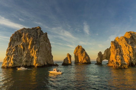Sunrise with fishing boats at Land's End, Cabo San Lucas, Baja California Sur, Gulf of California, Mexico