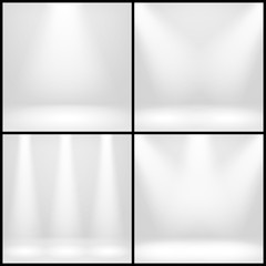 Empty white interior, photo studio room with lamps vector backgrounds set