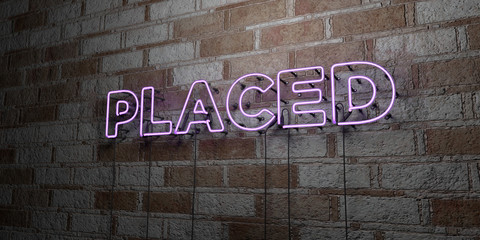 PLACED - Glowing Neon Sign on stonework wall - 3D rendered royalty free stock illustration.  Can be used for online banner ads and direct mailers..