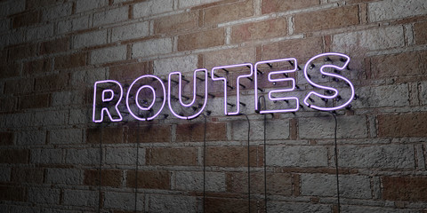 ROUTES - Glowing Neon Sign on stonework wall - 3D rendered royalty free stock illustration.  Can be used for online banner ads and direct mailers..