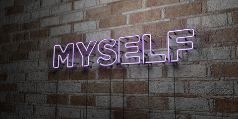 MYSELF - Glowing Neon Sign on stonework wall - 3D rendered royalty free stock illustration.  Can be used for online banner ads and direct mailers..