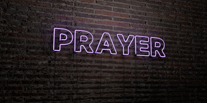 PRAYER -Realistic Neon Sign on Brick Wall background - 3D rendered royalty free stock image. Can be used for online banner ads and direct mailers..
