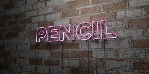 PENCIL - Glowing Neon Sign on stonework wall - 3D rendered royalty free stock illustration.  Can be used for online banner ads and direct mailers..