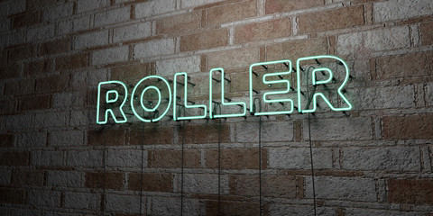 ROLLER - Glowing Neon Sign on stonework wall - 3D rendered royalty free stock illustration.  Can be used for online banner ads and direct mailers..