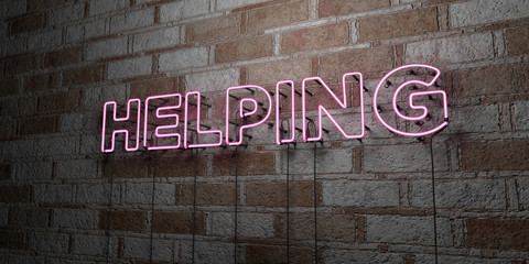 HELPING - Glowing Neon Sign on stonework wall - 3D rendered royalty free stock illustration.  Can be used for online banner ads and direct mailers..