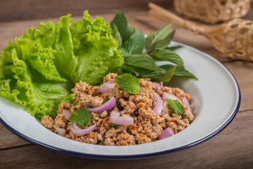 Spicy minced pork salad with vegetables, Thai food