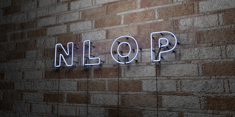 N L O P - Glowing Neon Sign on stonework wall - 3D rendered royalty free stock illustration.  Can be used for online banner ads and direct mailers..