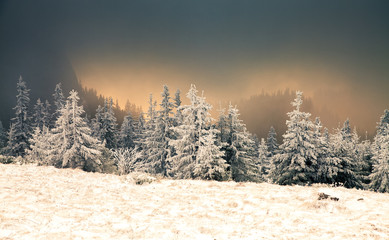 amazing winter sunrise through fog in the mountains