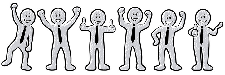 Set: Motivierte und erfolgreiche Business-Strichmännchen / Grau, Graue / Gezeichnet, Handgezeichnet, Zeichnung, Schraffiert / Design, Vektor, Freigestellt