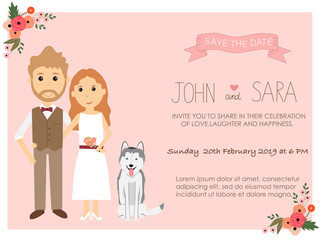 wedding invitation cards with bride and groom and their syberian