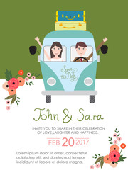 Fototapeta premium wedding invitation cards with bride and groom on the car. vintag