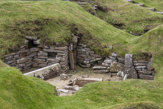 Excavated 5000 year old village site of Skara Brae, on Mainland Island, Orkney Archipelago, Scotland