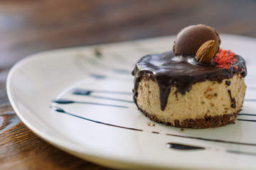 Cake on a white plate, presentation.