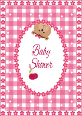 Baby girl arrival, shower, Greeting, announcement card with teddy bear and hearts. Vector postcard, Embroidery stylization