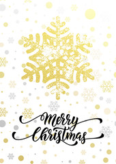 Merry Christmas calligraphy text with golden glitter snowflake
