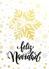 Fototapeta na wymiar Feliz Navidad Spanish Merry Christmas text golden glitter snowflake pattern