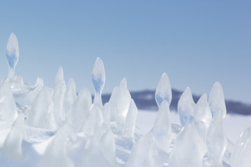 Ice floe on  background  winter sunny landscape.  Winter backdrop.