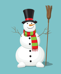 Christmas snowman with the top-hat, carrot, broom, scarf. Smiling cute cartoon character isolated on blue background. Vector illustration