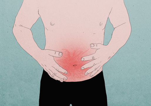 Illustrative image of shirtless man suffering from stomachache