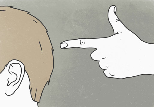 Illustrative image of hand gesturing shooting head against gray background