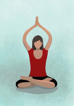 Vector image of woman practicing yoga against blue background depicting healthy lifestyle