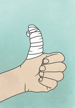 Illustration of hand with bandage wrapped on thumb against colored background