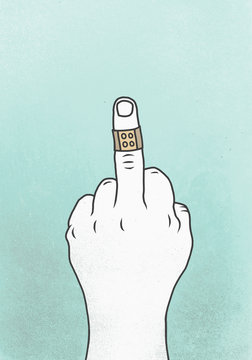 Illustration of bandage on middle finger against colored background