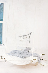 Bed, Scandinavian style, gray plaid.