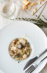 Wild mushrooms risotto with rosemary and parmesan, italian cuisine closeup