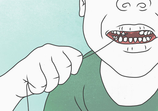 Illustration of man pulling teeth from string representing toothache