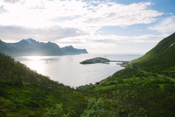 view of norwegian fisherman village Husoy, Senja island, Norway