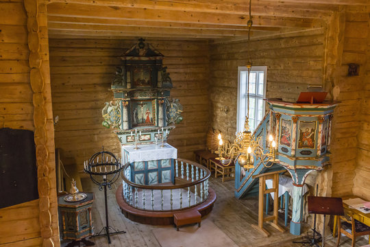 Interior view of the small Norwegian church in the fishing village of Traena, located on the Arctic Circle
