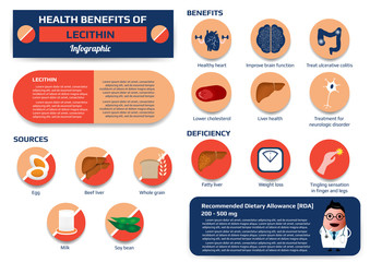 Health benefits of lecithin infographic including of sources, benefits and deficiency, supplement medical vector illustration for education.