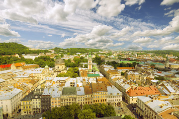 Lviv bird's-eye view of from of the City Hall, Ukraine