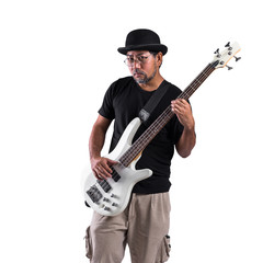 Studio portrait of senior man playing guitar on white background