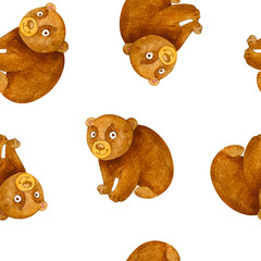 Seamless watercolor pattern with adorable and bright bear