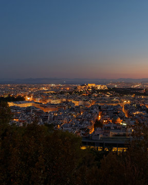 Athens Greece, view in the dusk from the northern part of Acropolis