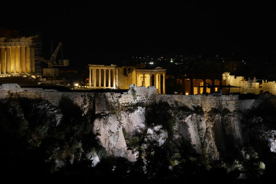 Athens Greece, night view of Partehnon temple on Acropolis hill