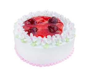 white biirthday cake with strawberry isolated on white backgroun
