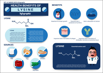 Health benefits of lysine (essential amino acid) infographic,supplement and nutrition vector illustration