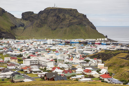 Overlooking the town of Heimaey from recent lava flow on Heimaey Island, Iceland