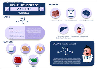 Health benefits of valine (essential amino acid) infographic, supplement and nutrition vector illustration