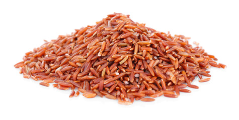 Pile of red Cargo rice isolated on white