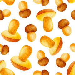 Seamless pattern with mushrooms. Colorful illustration. Watercolor handpainted texture on white background for wallpaper, blogs, cover