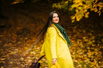 Fototapeta na wymiar elegant woman in a yellow coat in autumn park